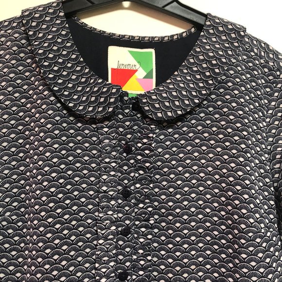 Navy Blue Dress with Light Blue Fan Pattern - Forever - Size L - Picture 3 of 8